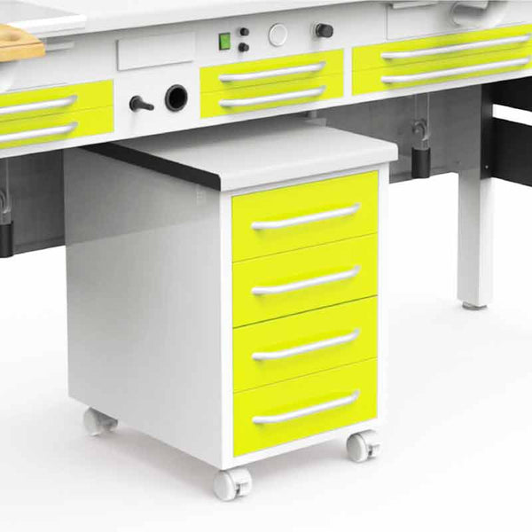 Roller cabinet with 4 Rossi Caws drawers - under a 2 -seater workbench.